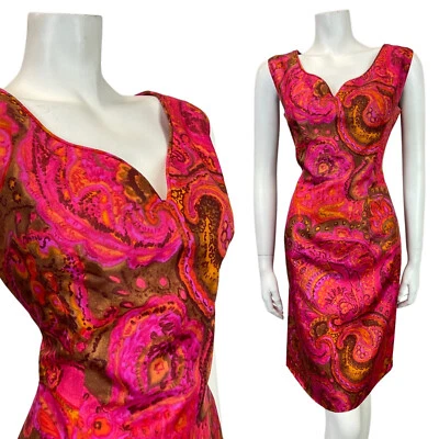 ВИНТАЖНЫЙ 60-х 70-х розовый фиолетовый оранжевый психоделический цветочный пейсли шевелиться платье 12 14 - Изображение 1 из 4