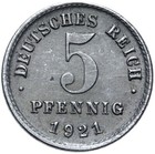 Kaiserreich - Münze - 5 Pfennig 1921 J - Eisen - Münzstätte Hamburg
