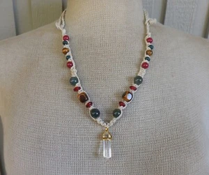 Quartz Double Terminated Crystal Adjustable Rasta Hemp Necklace Tigers Eye Agate - Picture 1 of 8