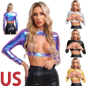 Camicia donna sexy ritaglio lucido scavata crop top nightwear club manica lunga - Foto 1 di 49
