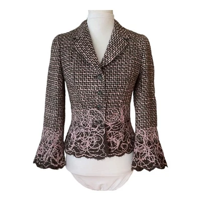Teri Jon JON Tweed Blazer Sz 4 Pink Swirl Trim Fuzzy Wool Alpaca Blend Jacket - Image 1 of 4