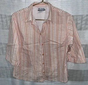 Columbia Orange & White Stripe 3/4 Sleeve Button Down Womens Large - Picture 1 of 4