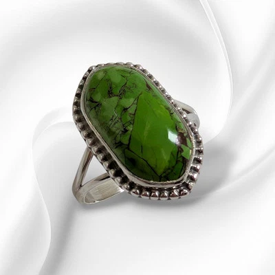 Solid 925 Sterling Silver Women's Ring With Authentic Green Copper Turquoise  - Image 1 of 4