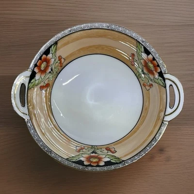 Винтажная чаша Noritake с ручной росписью — 1920-е оранжевые цветочные блестящие изделия с ручками - Изображение 1 из 4