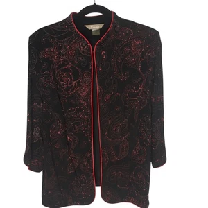 TanJay Jacket Womens 1X Black Red Paisley Sparkle Open Front Blazer Metallic - Picture 1 of 15