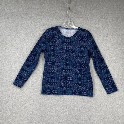 Croft & Barrow Top Womens PM Blue Floral Long Sleeve 100% Cotton Classic Tee - Image 1 of 4