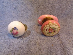 Vtg Salvage Porcelain Brass Doorknob Knob Handle Pink Blue Floral Flowers AS-IS - Picture 1 of 19