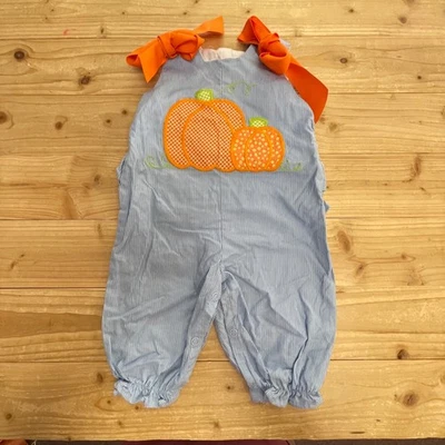 The Bailey Boys 3M Baby Girl Pumpkin Appliqué Romper Orange Bow Blue Stripe Foto 1 de 4