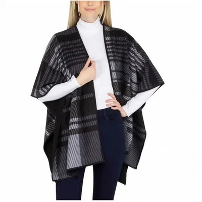 NWOT Ike Behar Women's Sherpa Shawl Poncho – Black & Gray Plaid, Reversible - Image 1 of 4