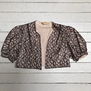 VTG 1950s Black Lace Pink Rayon Bolero Crop Jacket Top Hit Baar & Beards S/M - Picture 1 of 5