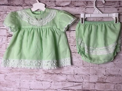 Vintage Green Baby Dress Lace Trim with Bloomers LACE Party  0-6mo - Image 1 of 4