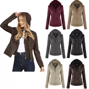 Womens Faux Leather Motorcycle Jacket with Hoodie - Picture 1 of 51