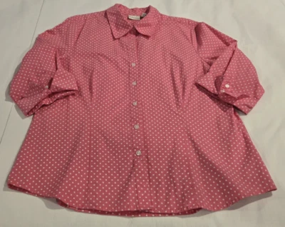 Kim Roger's Women's Button 3/4 Sleeve Pink W/ White Polka Dots Tops Snug Fit XL - Изображение 1 из 4