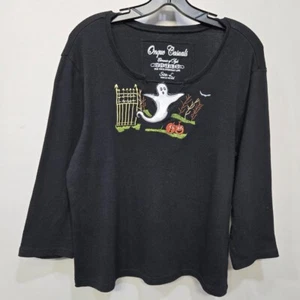 Onque Casuals Shirt Top Women Large Black Halloween Ghost Graveyard Whimsical - Picture 1 of 5