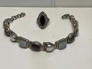 Vintage 925 Sterling Silver Marcasite Onyx Ring & Pearl Heart Bracelet -27G 5.75 - Picture 1 of 17