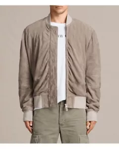 $529 Allsaints Men’s Ari Bomber Suede Beige M - Picture 1 of 8