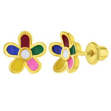 Gold Plated Multicolor Enamel Flower Screw Back Earrings for Toddler Girls 8mm