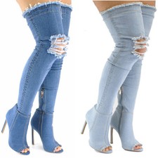 denim over the knee peep toe boots