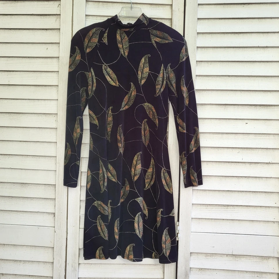 Vestido Vintage Creations Joseph Ribkoff Manga Larga Patrón Hoja Negro Dorado Talla 10 Foto 1 de 4