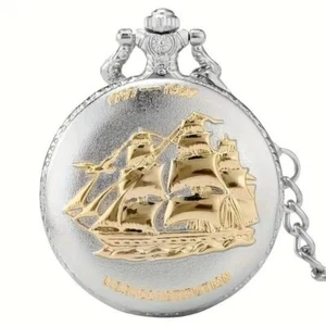 Retro Silvery Sailboat Quartz Pocket Watch Necklace Pendant Men's Pocket Watch - Picture 1 of 5