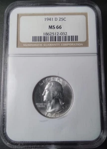 :1941-D 25C WASHINGTON QUARTER SPOTLESS NEAR SUPERB NGC MS66 RARE R3 HIGH GRADES - Picture 1 of 2