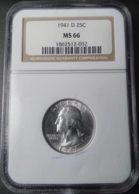 :1941-D 25C WASHINGTON QUARTER SPOTLESS NEAR SUPERB NGC MS66 RARE R3 HIGH GRADES - Image 1 of 2