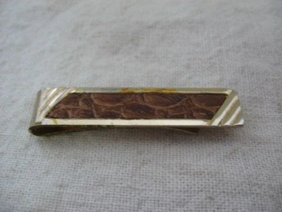 BROWN LEATHER INSERT Vintage Tie Clip Tie Clasp ~ OBVIOUS WEAR/DISCOLORATION ~ - Image 1 of 4