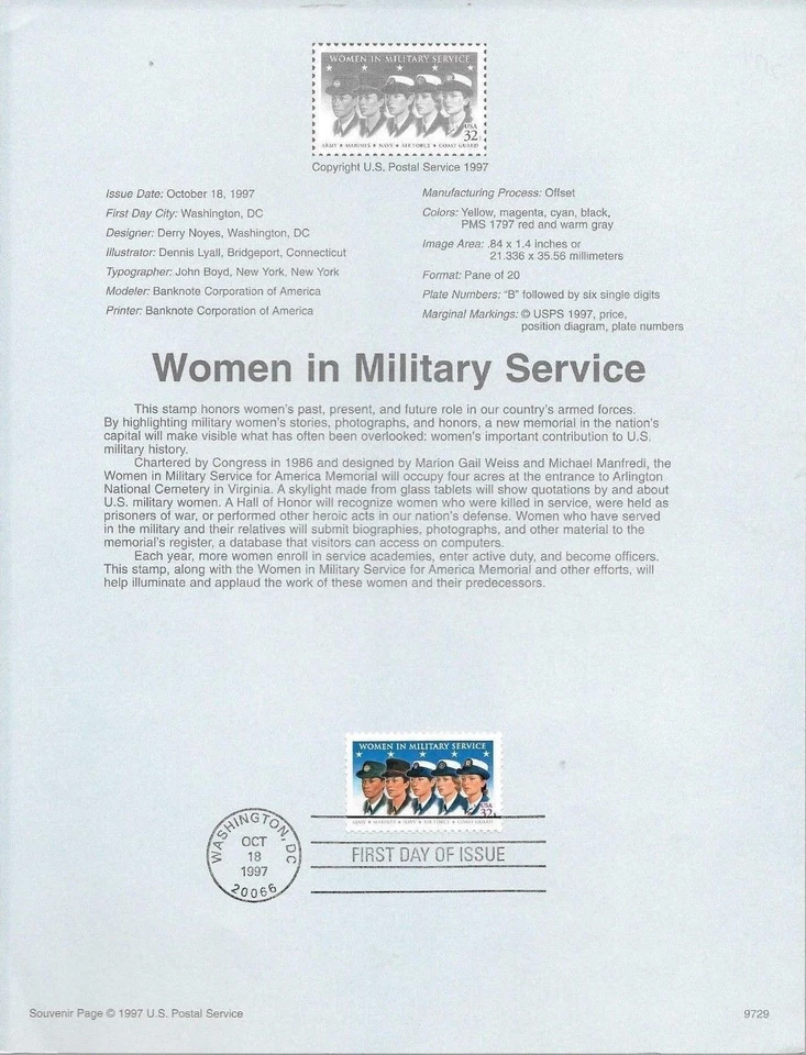 FDC stamp # 3174 32 cent WOMEN IN MILITARY SERVICE 1997 USPS Souvenir Page 9729  - Image 1 of 1