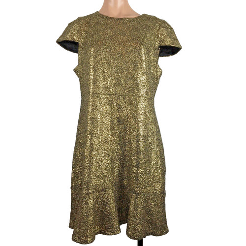 ABITO NUOVO CON ETICHETTE MICHAEL KORS NERO ORO MACULATO MANICA CORTA ADERENTE E SVASATO XL