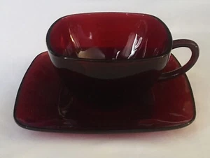 Vintage Anchor Hocking Charm Ruby Red Depression Glass Square Cup & Saucer 1950s - Picture 1 of 11