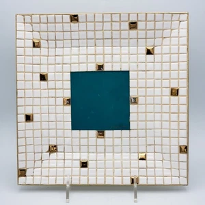 Georges Briard Mosaic Tiled Plate Catch All White Gold Green Glass Retro VTG MCM - Bild 1 von 7