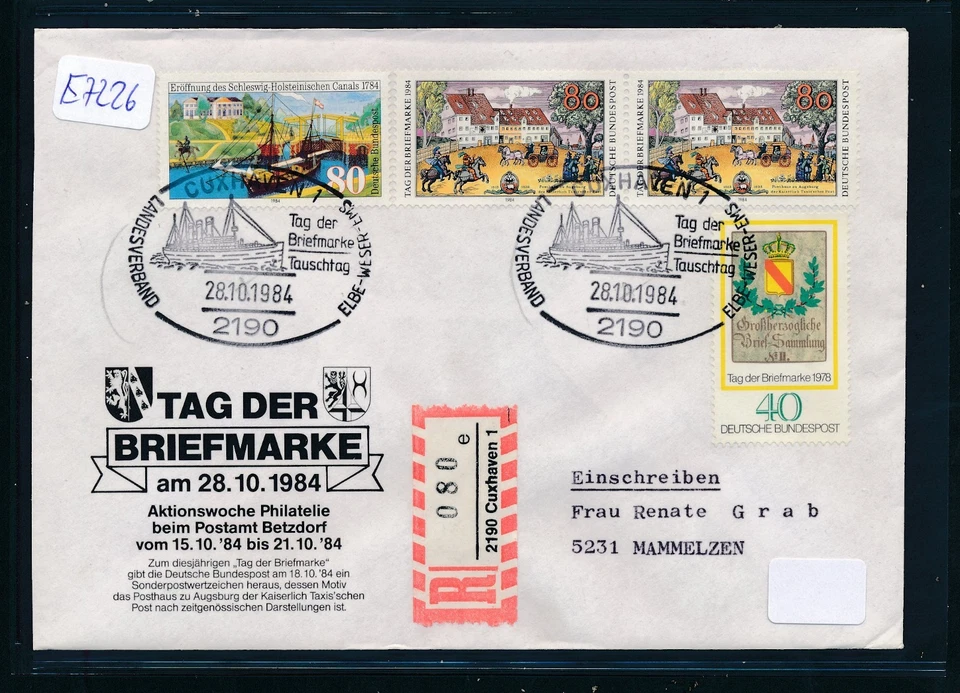 E7226) Reco-Brief, RZ 2190 Cuxhaven 1 "e", SoU + SST Tag der Briefmarke 1984 - Bild 1 von 1