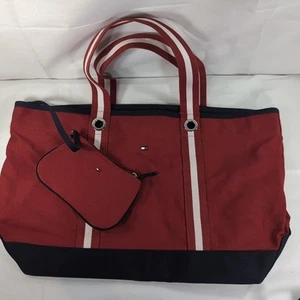 Tommy Hilfiger Tote Bag Matching Pouch Set Red Navy Blue Stripe Straps Large - Picture 1 of 13