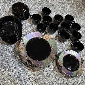 Vintage 1990s Arcoroc France Tampico Black Glass 60 PC Dinnerware Set for 12 New - Picture 1 of 6