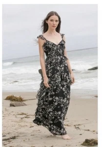Love Sam Ruffled Layered Floral Print Maxi Dress Black Size Small - Picture 1 of 7