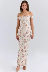 HOUSE OF CB 'Isis' Vintage Cream Floral Print Corset Maxi Dress M 10/12 3824 - Picture 1 of 10