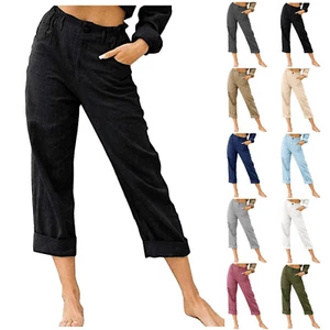 Women Casual Loose Elastic High Waist Straight Leg Cotton Lounge Pants Trousers - Picture 1 of 27