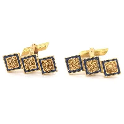 Gemelos vintage de oro amarillo 750 de 18 quilates con bordes de esmalte azul Foto 1 de 4