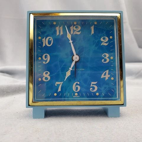 Westclox Vintage Alarm Clock Blue Square Made in Germany Wind Up Cover