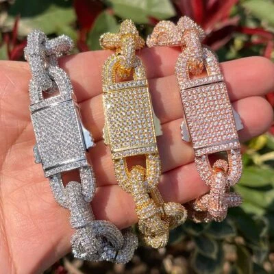 Pulseras de hielo inundado de eslabones de cadena de hip hop enchapados en plata rosa de 24 k para hombre Foto 1 de 4