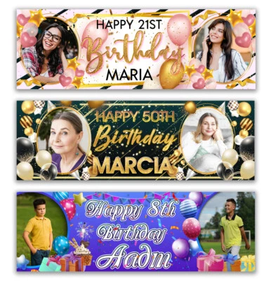 2 Personalised birthday banner photo black gold pink blue party balloon poster - Image 1 of 2