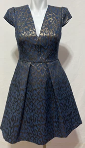 Vince Camuto Women 2 Dress Jacquard Fit & Flare Navy Gold Mini Pleated New NWT - Picture 1 of 10