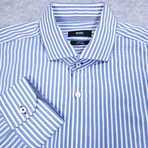 HUGO BOSS MENS SHIRT 17 SLIM BLUE WHITE STRIPE EASY CARE NWOT - Picture 1 of 7