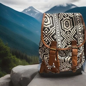 Tribal Printed Black & White Canvas Backpack - Picture 1 of 1
