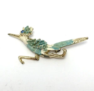 Roadrunner Brosche Anstecknadel hell türkis weiß goldfarben mit blauem Strass - Bild 1 von 5