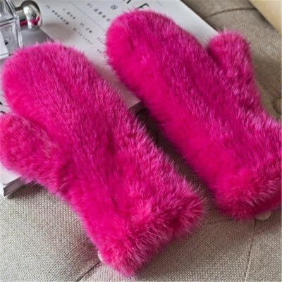 Women's Double Side Real Mink Fur Gloves Warm Knitted Elastic Mittens W String - Image 1 of 4