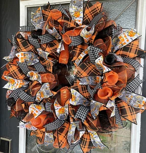Orange/Black Haunted House Halloween Fall Deco Mesh Front Door Wreath Decor - Picture 1 of 6