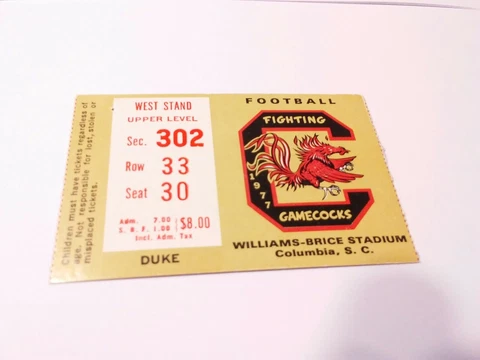1977 South Carolina Gamecocks Duke Football Ticket Stub Cover