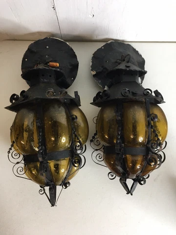 RARE Pair of Antique Wrought Iron, Hand Blown Glass Pendant Light Fixtures Cover