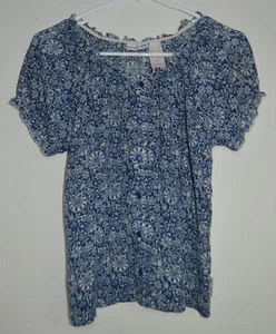 Mary Kate and Ashley Girls 16X Blouse Top Blue White Floral Button Up Peasant - Picture 1 of 4